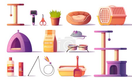 Pet shop cartoon set of accessories for cat care isolated vector illustration