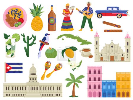 Illustration for Cuba flat icons set of cuban symbols national dishes landmarks people fauna and flora isolated vector illustration - Royalty Free Image