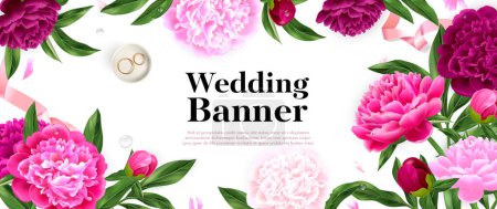 Illustration for Realistic horizontal wedding banner with pink peony flowers and pair of rings vector illustration - Royalty Free Image