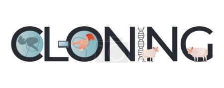 Téléchargez les illustrations : Clonage de la composition génétique avec du texte plat et des icônes d'ADN embryonnaire et de moutons sur fond blanc illustration vectorielle - en licence libre de droit