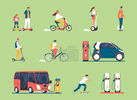 Illustration for Eco transport flat set of personal city vehicles and charging stations for electric cars vector illustration - Royalty Free Image