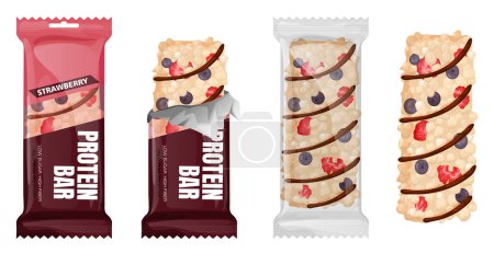Healthy protein bar packaging set with four isolated top view images of packed and whole snacks vector illustration