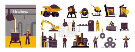 Ilustración de Producción metalúrgica composición plana con visión industrial y conjunto de iconos aislados con ilustración vectorial de maquinaria y trabajadores - Imagen libre de derechos