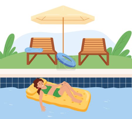 Concepto plano de la seguridad del agua con el anillo inflable y la muchacha que flota en la cama del aire en la ilustración del vector de la piscina