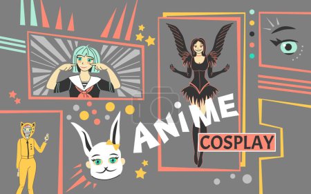 Ilustración de Cosplay anime collage con manga estilo de vida símbolos plana vector ilustración - Imagen libre de derechos