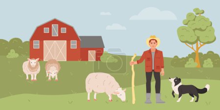 Ilustración de Granjero macho pastoreo ovejas con pastor perro en granja plana vector ilustración - Imagen libre de derechos
