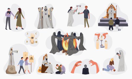 Illustration for Set with isolated sect cult compositions of flat icons characters of cultists in robes with bonfire vector illustration - Royalty Free Image