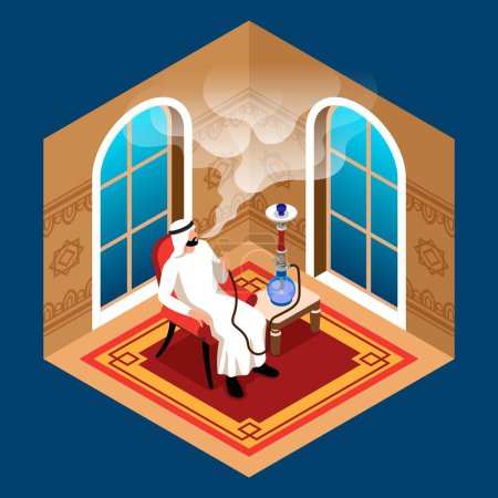 Illustration for Hookah bar isometric colored composition at blue background with arabic man in national clothes smoking hookah 3d vector illustration - Royalty Free Image