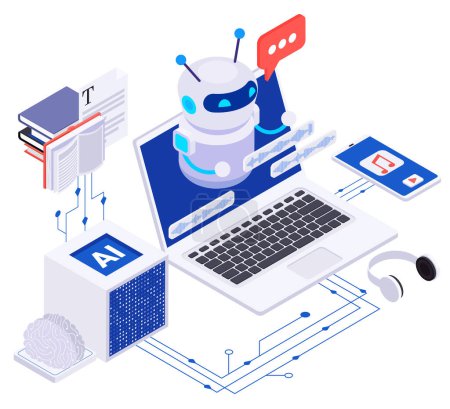 Illustration for Ai powered content creation isometric concept with chatbot on laptop screen 3d vector illustration - Royalty Free Image