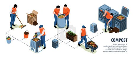 People collecting organic waste to make compost isometric infographics vector illustration