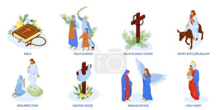 Téléchargez les illustrations : Jésus-Christ vie vierge Mary Palm dimanche sainte Bible compositions isométriques ensemble isolé vecteur illustration - en licence libre de droit