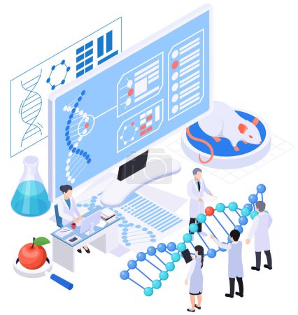 Illustration for Biotechnology isometric composition with group of scientists holding big dna model with workplace mouse and computer vector illustration - Royalty Free Image