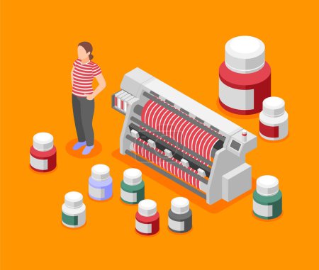 Illustration for Fabric printing technologies orange background with jars of paint and fabric dyeing machine isometric vector illustration - Royalty Free Image