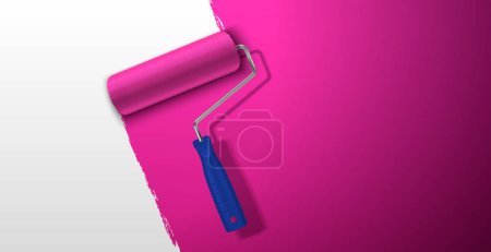 Roller painting wall with bright pink paint realistic background vector illustration