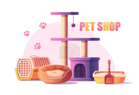 Illustration for Pet shop goods with cat tree bed litter tray carrier cartoon vector illustration - Royalty Free Image