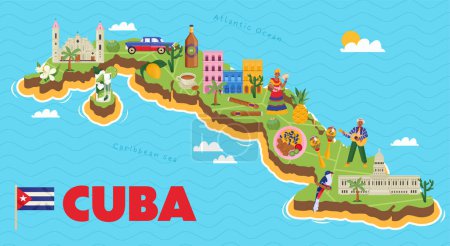 Cuba map with its symbols flat poster on blue caribbean sea and atlantic ocean background vector illustration