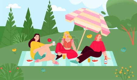 Téléchargez les illustrations : Barbecue illustration plate avec trois jeunes filles pique-nique sur l'herbe illustration en plein air - en licence libre de droit