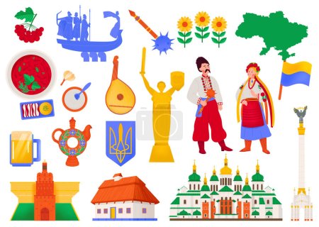 Ucrania conjunto de iconos planos que representan la historia de la cocina tradiciones nacionales monumentos ortodoxos de arquitectura ilustración vectorial aislado