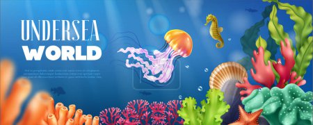 Undersea world horizontal poster decorated with colorful cartoon images of sea creatures realistic vector illustration