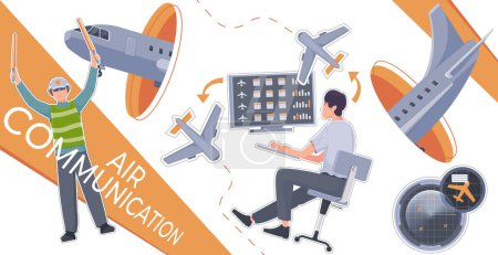 Ilustración de Collage de control de tráfico aéreo en estilo plano con caracteres de controlador y marshaller y aviones vector ilustración - Imagen libre de derechos