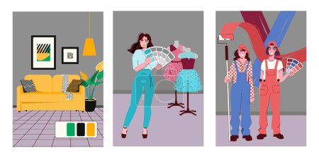 Illustration for Flat set of vertical posters with people using color palettes in interior and fashion design isolated vector illustration - Royalty Free Image
