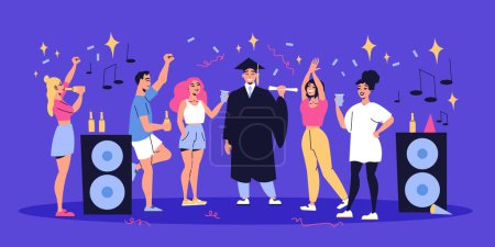 Illustration for Student dormitory party horizontal illustration with young people raising glasses to newly minted magister flat vector illustration - Royalty Free Image