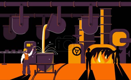 Ilustración de Producción metalúrgica composición plana con frascos de paisaje industrial con caracteres metálicos líquidos y garabatos de ilustración vectorial de trabajadores - Imagen libre de derechos