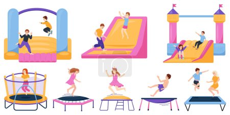 Ilustración de Conjunto plano de niños saltando sobre varios trampolines aislados sobre fondo blanco vector ilustración - Imagen libre de derechos