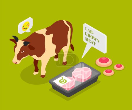 Illustration for Lab grown meat green background with cow character and plastic container with cultured red raw meat vector illustration - Royalty Free Image