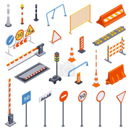 Traffic road barriers icons set with passage symbols isometric isolated vector illustration