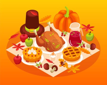 Thanksgiving table isometric composition with traditional american food turkey pie pumpkin cranberries vector illustration