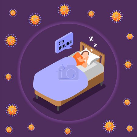 Illustration for Immune system boost isometric concept with woman getting enough sleep to be healthy and protected from viruses 3d vector illustration - Royalty Free Image