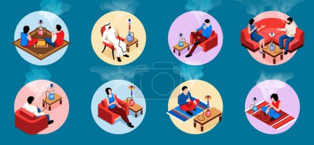 Illustration for Hookah isolated round compositions with groups of people resting and smoking hookah isometric vector illustration - Royalty Free Image