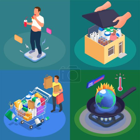 Illustration for Overconsumption isometric concept set with with hyper consumption and co2 global burden isolated vector illustration - Royalty Free Image