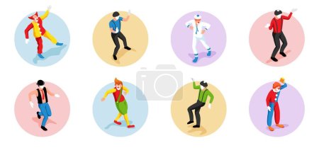 Illustration for Set of isometric compositions with male mimes and clowns isolated vector illustration - Royalty Free Image