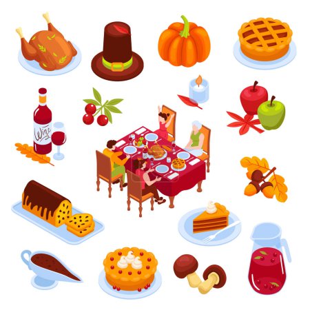 Thanksgiving Day isometrische Reihe traditioneller Feiertagselemente und festliche Gerichte isolierte Vektorillustration