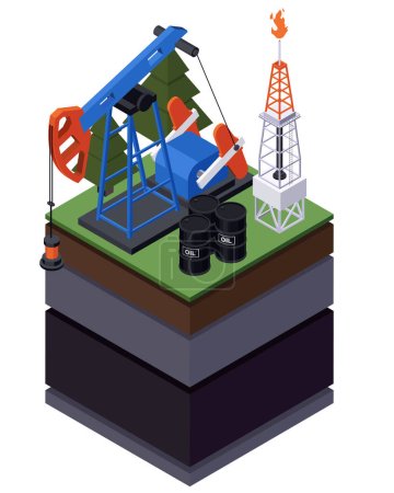 Illustration for Earth sciences geology petrology seismology volcanology isometric composition with isolated view of ground layers oil derrick vector illustration - Royalty Free Image