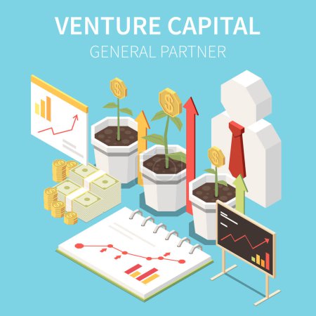 Illustration for Venture capital composition with text and isometric icons of money plants and graphs of company growth vector illustration - Royalty Free Image