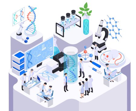 Illustration for Biotechnology isometric composition with view of laboratory workplace desktop elements with test tubes dna and scientists vector illustration - Royalty Free Image