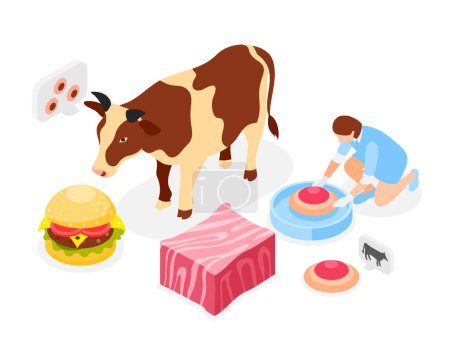 Illustration for Artificial grown meat isometric concept with cow character and cultured beef burger made from animal cells vector illustration - Royalty Free Image