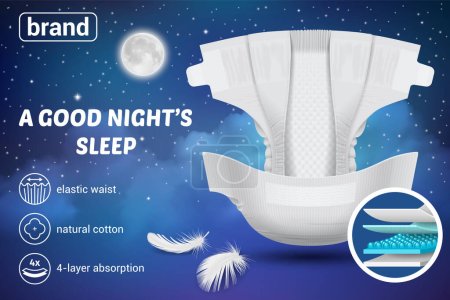 Ilustración de Cartel publicitario horizontal realista con pañales de bebé de algodón natural en el fondo con ilustración vectorial del cielo nocturno - Imagen libre de derechos
