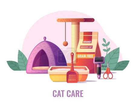 Illustration for Accessories for cat care in cartoon style with food scissors litter tray bed scratcher vector illustration - Royalty Free Image