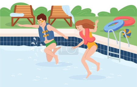 Kids water safety composition with two children jumping into pool wearing life jackets flat vector illustration