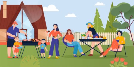 Téléchargez les illustrations : Barbecue à datcha affiche plate avec une grande famille reposant sur la pelouse de la maison de campagne illustration vectorielle - en licence libre de droit