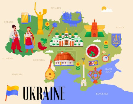 Téléchargez les illustrations : Ukraine carte affiche plate avec monuments architecturaux monuments cuisine et tradition icônes illustration vectorielle - en licence libre de droit