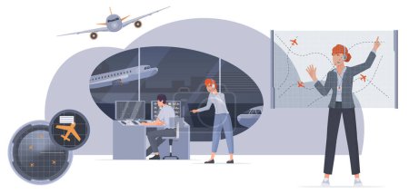 Ilustración de Equipo de control de tráfico aéreo que trabaja en monitores de observación de torre de aeropuerto ilustración vectorial plana - Imagen libre de derechos