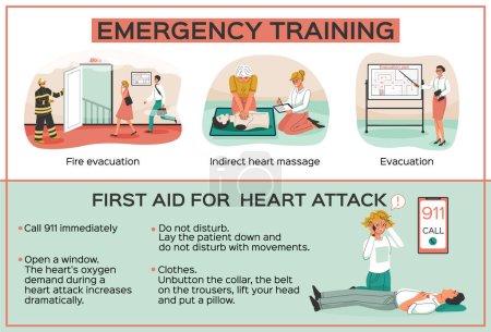 Illustration for Emergency training infographic set with heart attack symbols flat vector illustration - Royalty Free Image