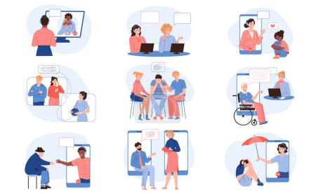 Illustration for Psychological support flat set with people of different ages communicating with psychologists online and in their office isolated vector illustration - Royalty Free Image