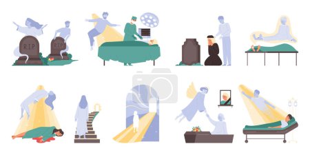 Illustration for Afterlife death flat set with isolated compositions of icons with silhouettes of soul angels and graves vector illustration - Royalty Free Image