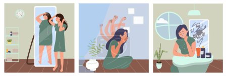 Illustration for Self criticism concept set of women dissatisfied with their weight and appearance feeling depressed isolated vector illustration - Royalty Free Image